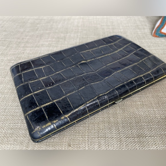 Abas Bags Abas Black Croc Leather Gold Tone Frame Clutch Wallet